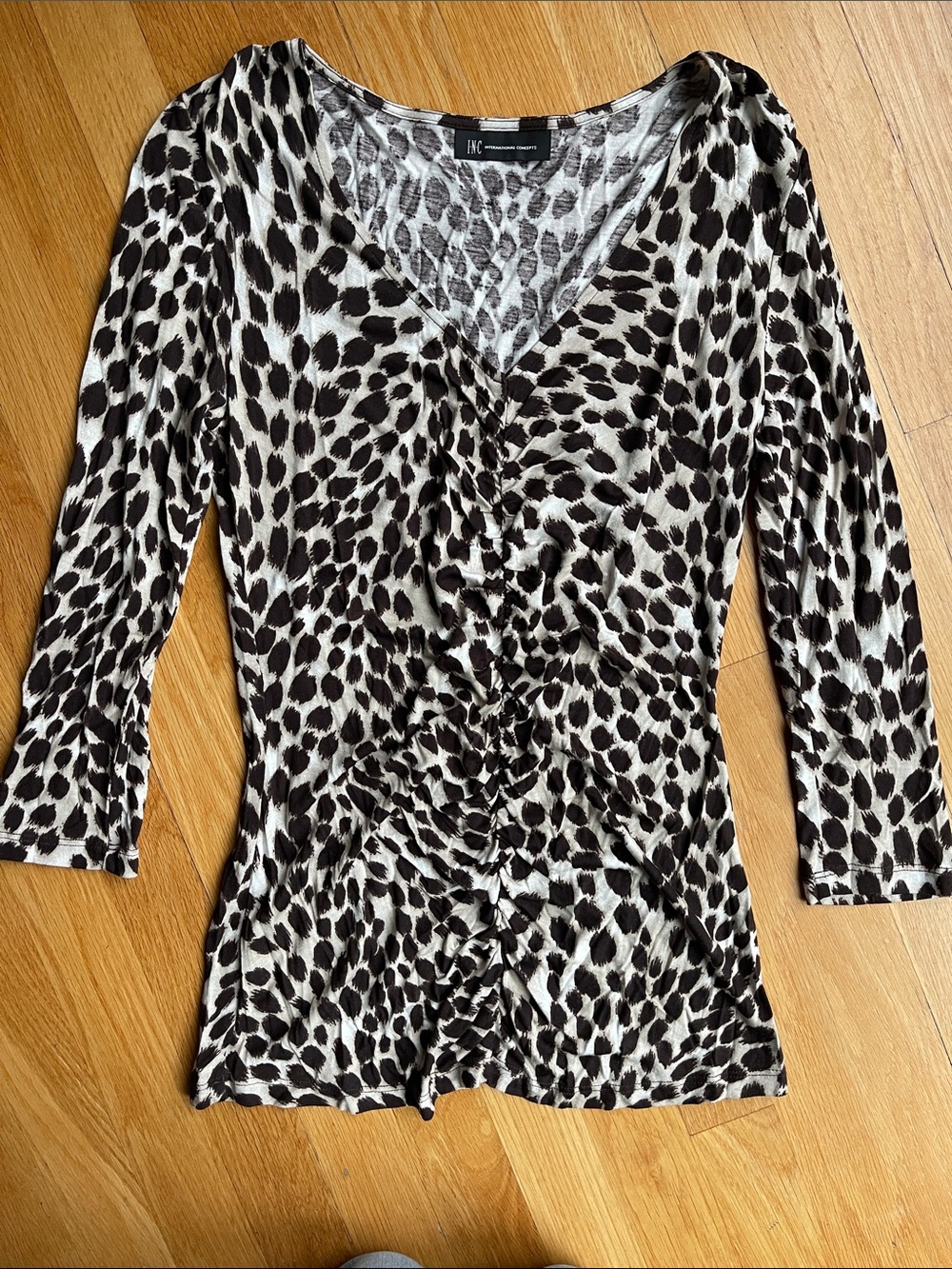 INC International Concepts Black and White Animal Print V-Neck Ruched Top